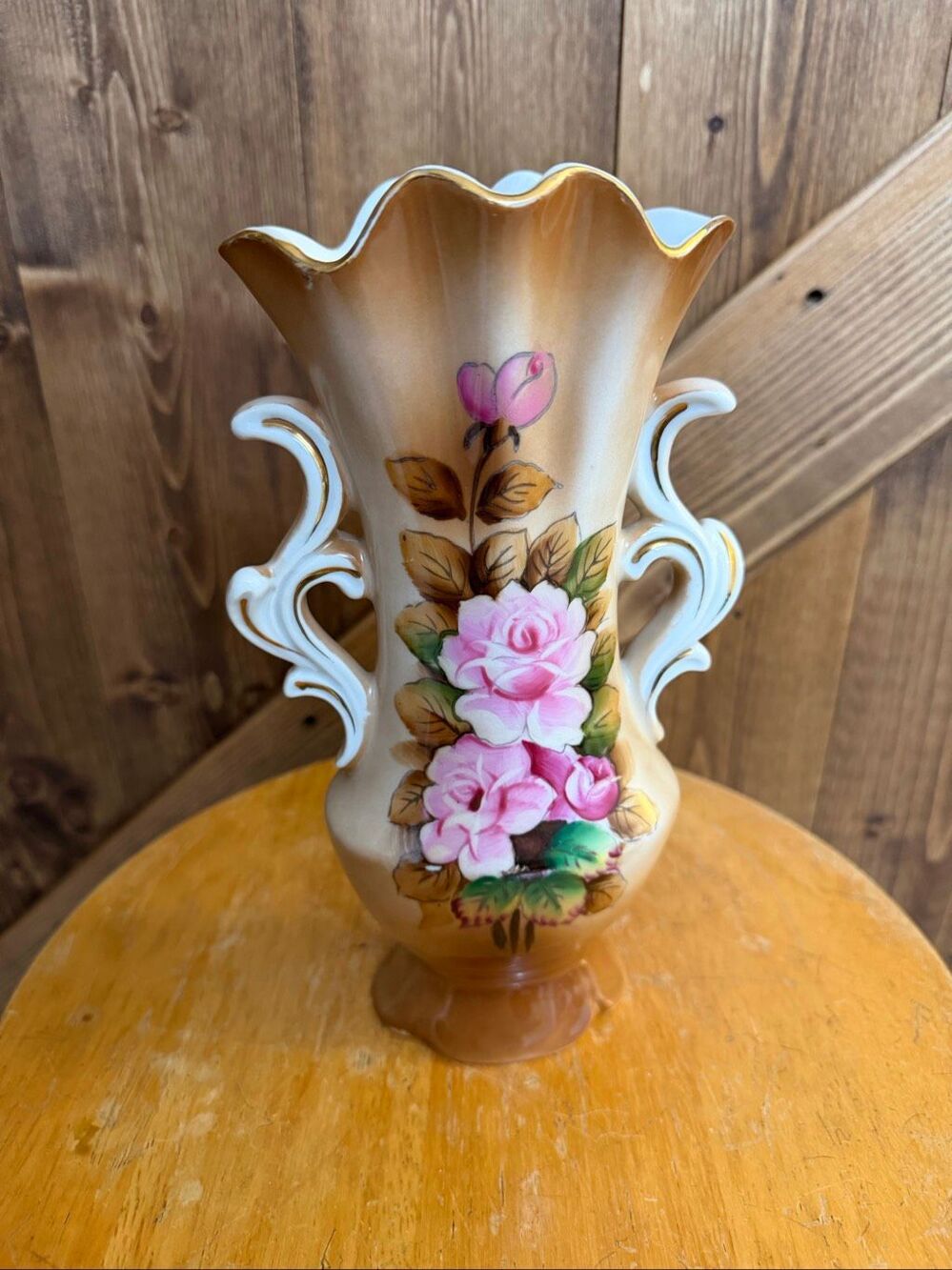 Vintage Lipper & Mann Floral Porcelain Vase Pink Roses Gold Trim Japan (9181)